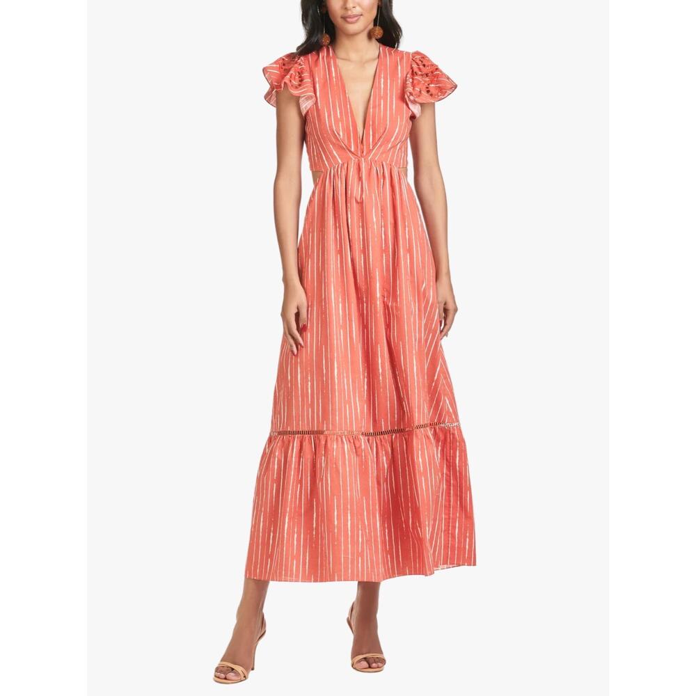 Sachin & Babi Orange White 100% Cotton Georgia Flutter Midi Dress Size 8